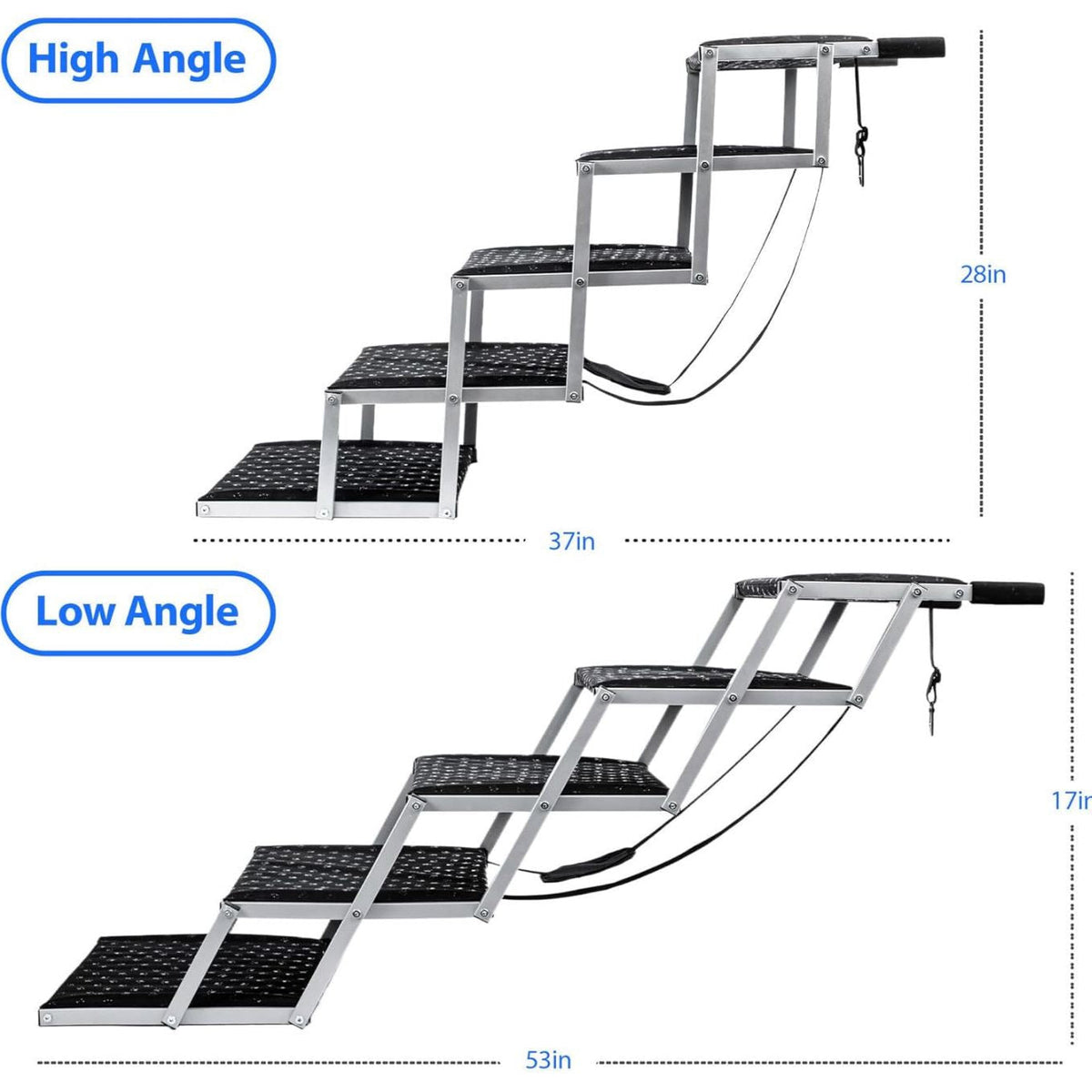 Folding dog stairs set up against a vehicle