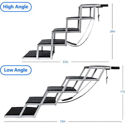 Folding dog stairs set up against a vehicle